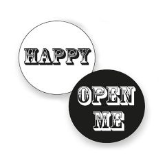 Etiket rund sort/hvid blank Open me/happy